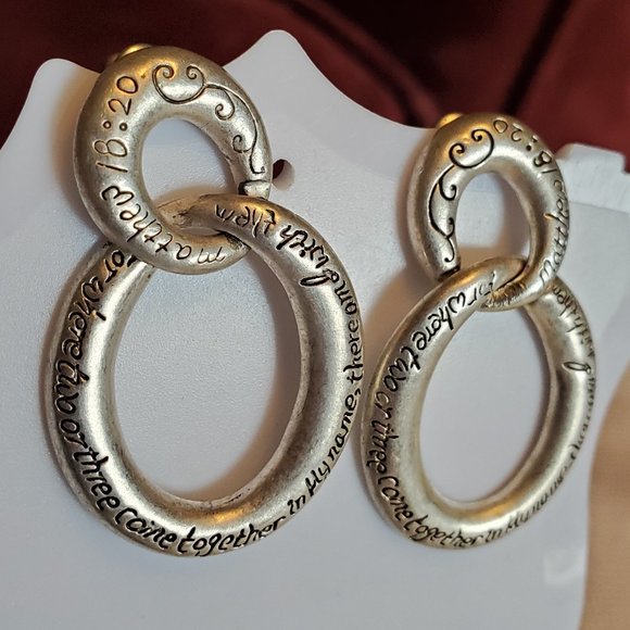 1.5" Silver Tone Bible Verse Dangle Stud Earrings